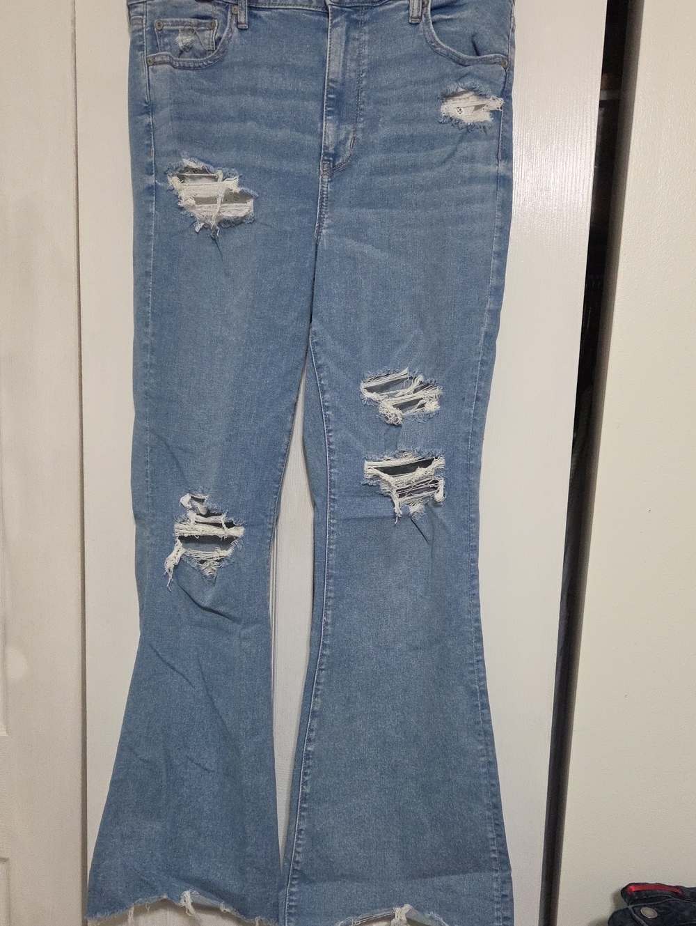 American Eagle Outfitters 16L Super Hi-Rise Flare Light Blue Distressed Jeans